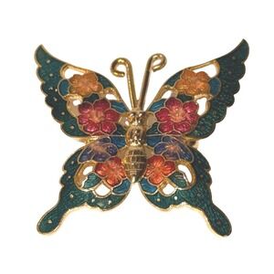 Butterfly Brooch Gold Tone Floral Enamel Cloisonne Pin Whimsical Nature Garden